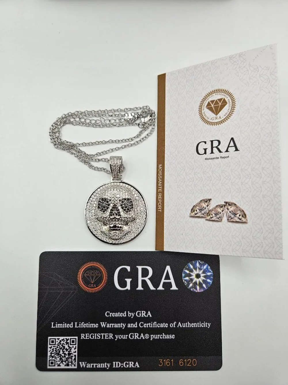 3.3 CTW Moissanite Skull Medallion Necklace GRA 18.5